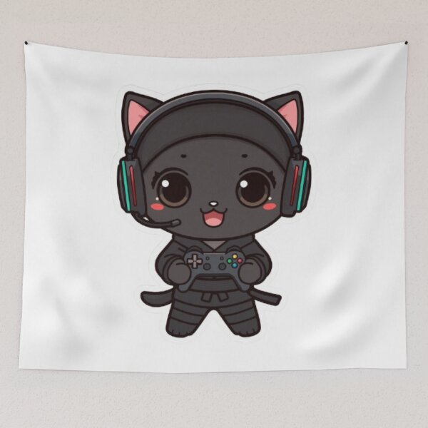 Item preview, Cute Ninja Gamer Cat Kawaii Sticker | Black Kitten with RGB Headphones designed and sold by Stylestickers55.