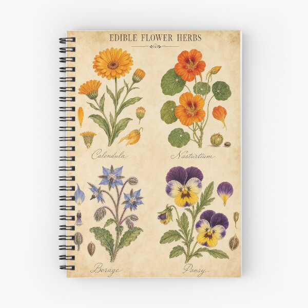 Item preview, Edible Flower Herbs Botanical Vintage Illustration Calendula Nasturtium Print designed and sold by NuvoraNest.