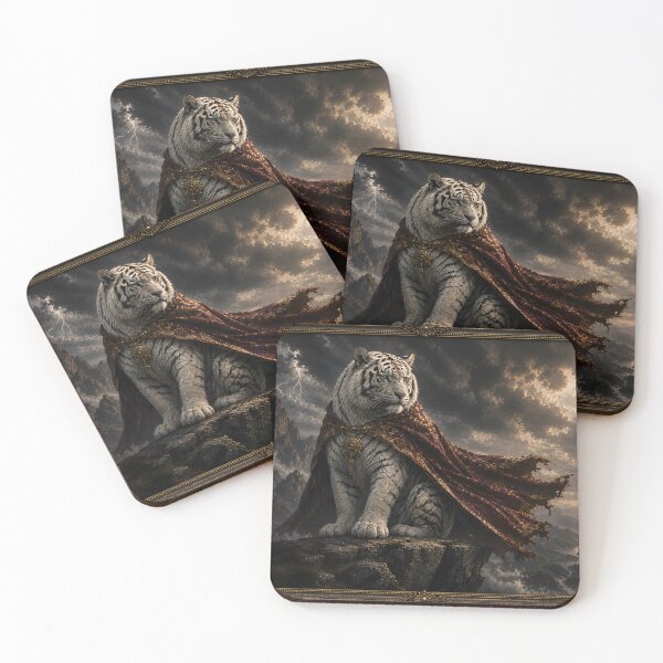 Item preview, White Tiger King in Crimson Cloak | Fantasy Warrior Tiger Artwork designed and sold by ManJiangHong.