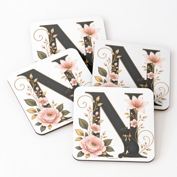 Item preview, Floral Letter N with Black Cat | Elegant Monogram Initial | Vintage Botanical Alphabet Design designed and sold by MoodLay.