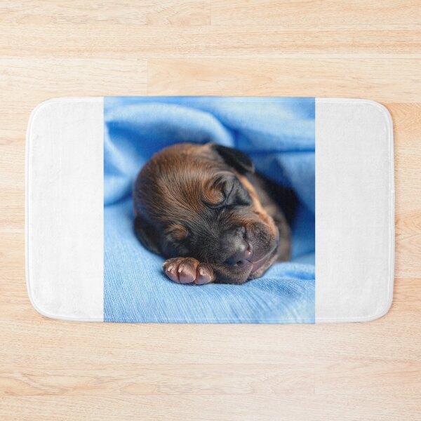 Item preview, Sleeping Newborn Puppy in Blue Blanket - Cute Tiny Dog Portrait - Cozy Pet Photography designed and sold by WildGentlemen.