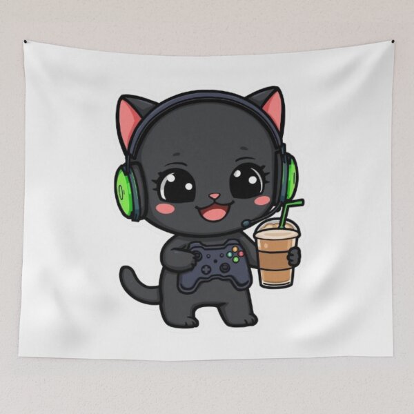 Item preview, Cute Coffee Gamer Cat Kawaii Sticker | Black Kitten with RGB Headphones designed and sold by Stylestickers55.