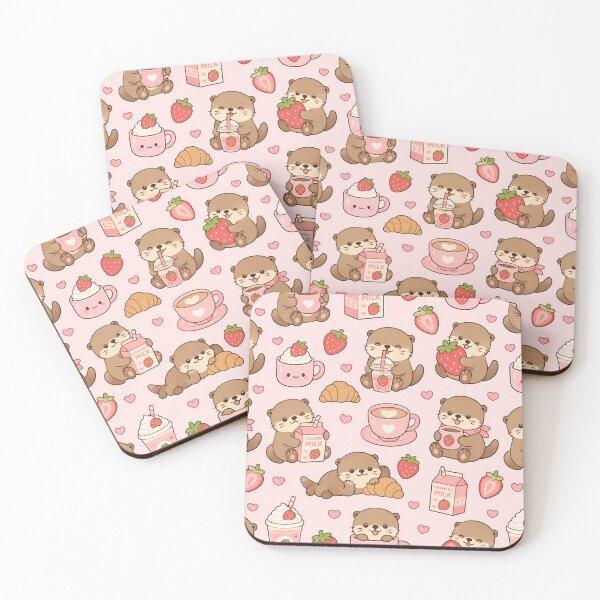 Item preview, Cozy Otter Strawberry Coffee Pattern designed and sold by Soft Berry Studio.