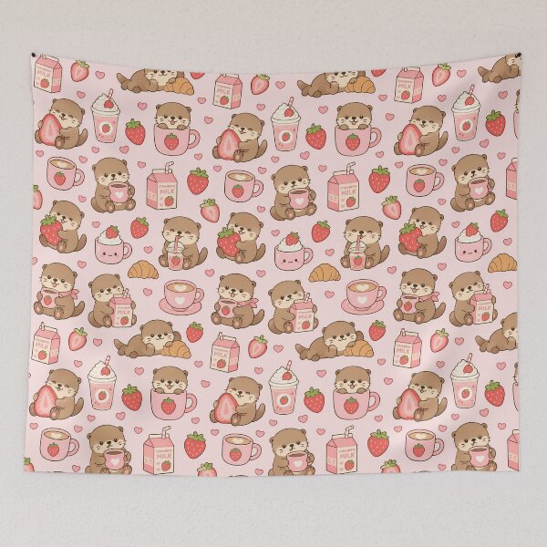 Item preview, Cozy Otter Strawberry Coffee Pattern designed and sold by Soft Berry Studio.