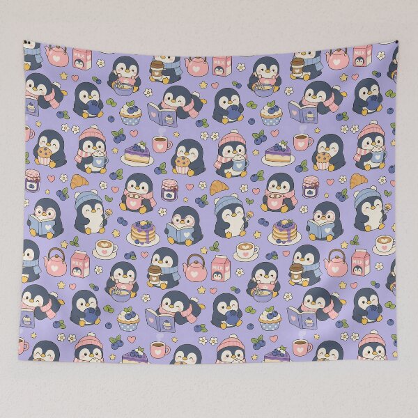 Item preview, Kawaii Penguin Blueberry Bakery Pattern designed and sold by Soft Berry Studio.