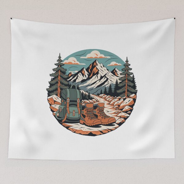 Item preview, Mountain Hiking Boots and Backpack Alpine Adventure Illustration designed and sold by DariaOltes.