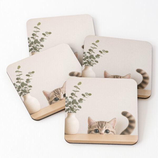 Item preview, Cute Cat Peeking Behind Shelf Minimalist Wall Art designed and sold by dreamybyana.