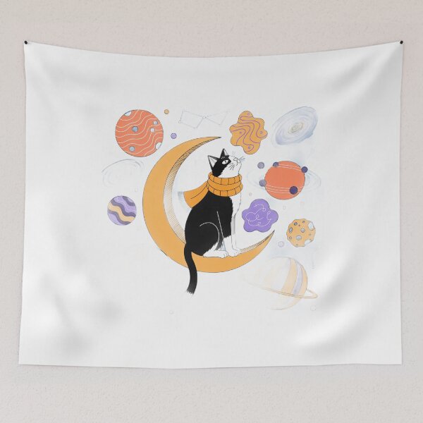 Item preview, Tuxedo Cat on Crescent Moon in Whimsical Space designed and sold by DariaOltes.