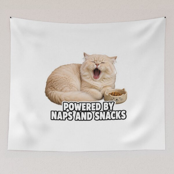 Item preview, Powered By Naps And Snacks Funny Lazy Cat Meme designed and sold by MoodyMeows.