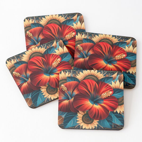Item preview, Red Hibiscus and Sunflowers Floral Landscape Illustration designed and sold by Boddicca.