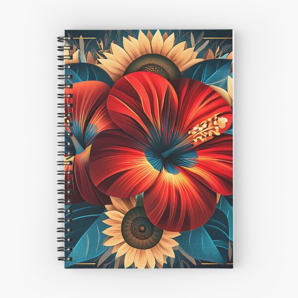 Artikelvorschau, Illustration einer Blumenlandschaft mit rotem Hibiskus und Sonnenblumen entworfen und verkauft von Boddicca.