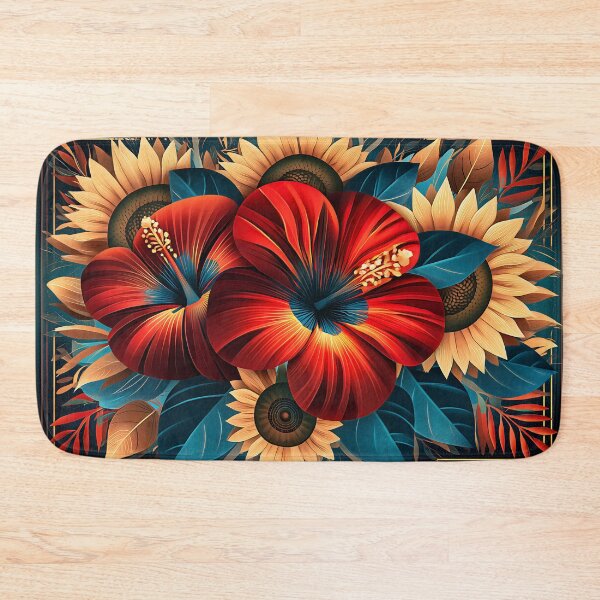 Item preview, Red Hibiscus and Sunflowers Floral Landscape Illustration designed and sold by Boddicca.