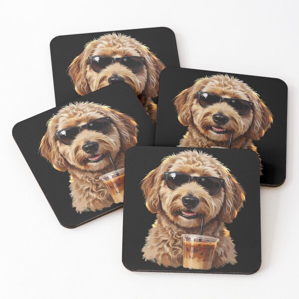 Item preview, Funny Goldendoodle Drinking Iced Coffee Dog With Sunglasses designed and sold by Dabbing Turtle Designs.