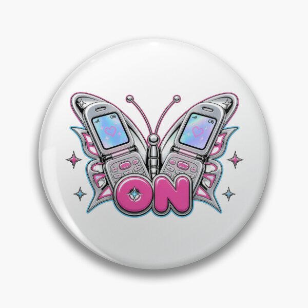 Item preview, Y2K Chrome Metallic Butterfly Flip Phone Wings Baby Tee - Holographic 'ON' Logo designed and sold by The Curio Cabinet.