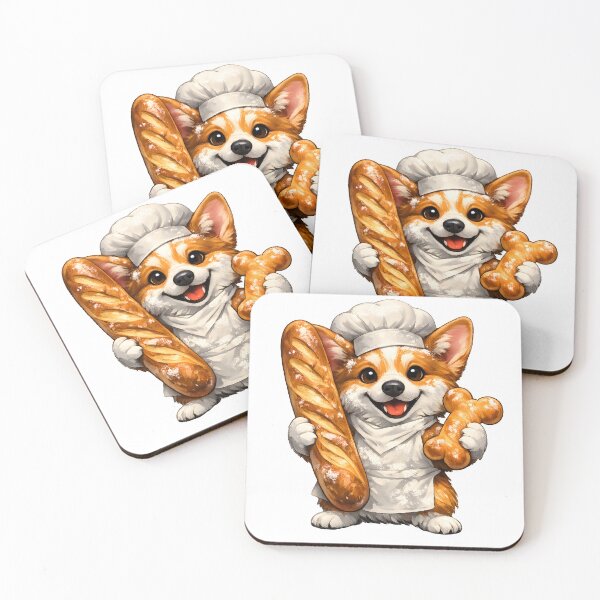 Item preview, Happy Corgi Baker Holding Giant Baguette & Bone Bread Premium Illustration designed and sold by builtforyou.