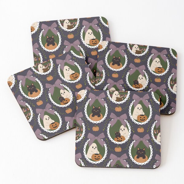 Item preview, Cute Coquette Halloween Ghosts Black Cats Pumpkins Vintage Cameo Pattern Purple Cottagecore designed and sold by Pharmkitty.