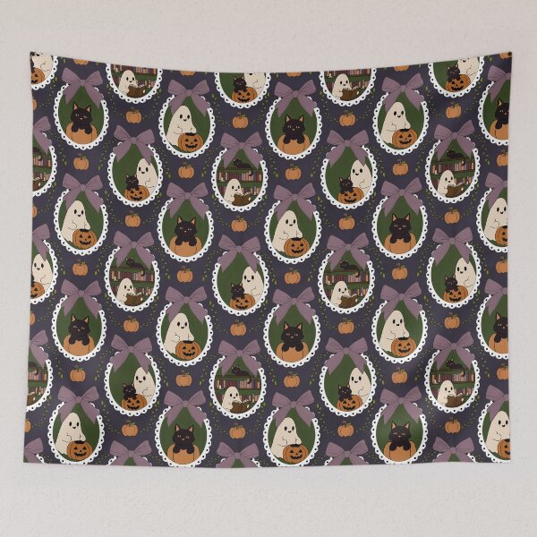 Item preview, Cute Coquette Halloween Ghosts Black Cats Pumpkins Vintage Cameo Pattern Purple Cottagecore designed and sold by Pharmkitty.