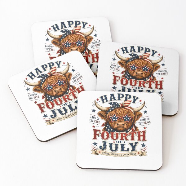 Item preview, Happy Fourth of July Highland Cow – Patriotic Cow with USA Flag Sunglasses Vintage Design designed and sold by ONEZEROART.