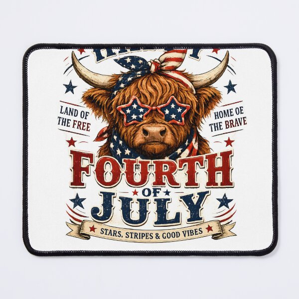 Item preview, Happy Fourth of July Highland Cow – Patriotic Cow with USA Flag Sunglasses Vintage Design designed and sold by ONEZEROART.