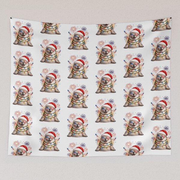 Item preview, water seal wearing a santa hat Light Tree Christmas designed and sold by QuiteOrbit.