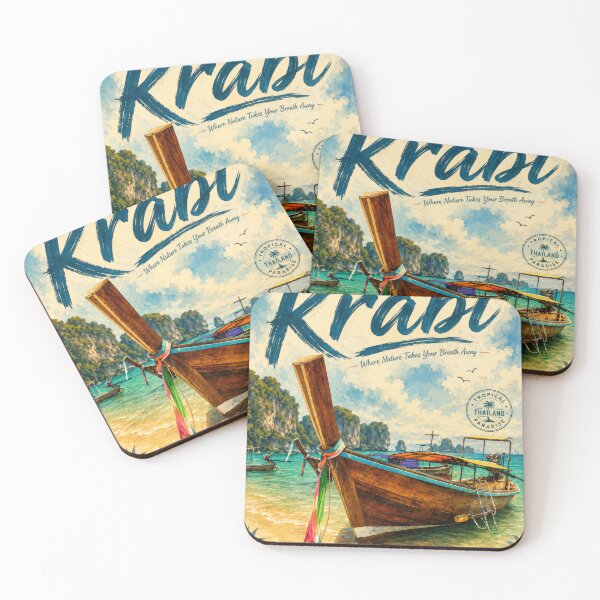 Item preview, A beautifully designed travel poster highlights a boat on the clear waters of Krabi. The scenic background features stunning limestone cliffs. designed and sold by Kevin Hellon.