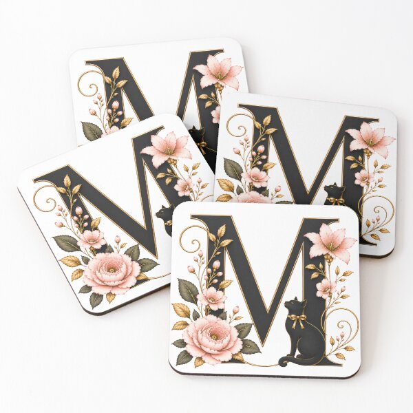 Item preview, Floral Letter M with Black Cat | Elegant Botanical Monogram | Vintage Alphabet Design designed and sold by MoodLay.