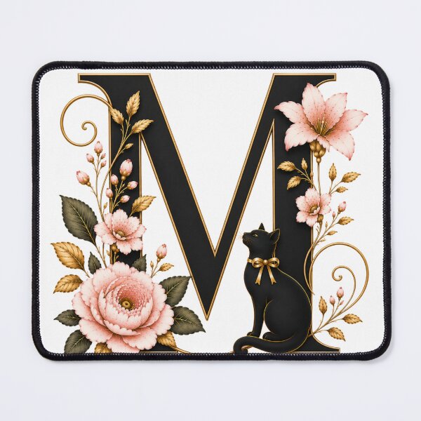 Item preview, Floral Letter M with Black Cat | Elegant Botanical Monogram | Vintage Alphabet Design designed and sold by MoodLay.