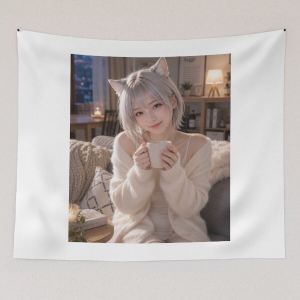 Item preview, Warm Welcome – Cozy Cat-Eared Companion with a Coffee Mug designed and sold by RinaWorksJP.