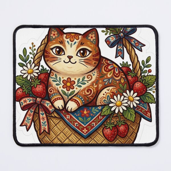 Item preview, Cute Folk Art Cat Strawberry Basket designed and sold by Iampoji.