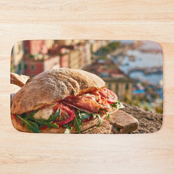 Item preview, Panuozzo di Gragnano, traditional Neapolitan sandwich made from wood-fired pizza dough, mozzarella, prosciutto, arugula and ripe tomatoes designed and sold by KsaveraArt.