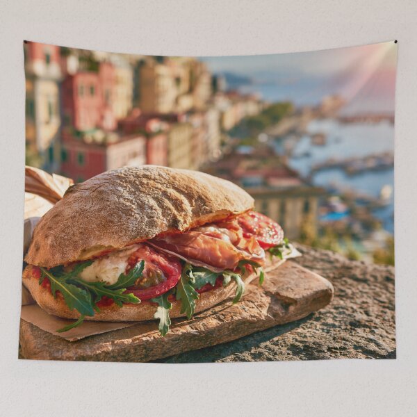 Item preview, Panuozzo di Gragnano, traditional Neapolitan sandwich made from wood-fired pizza dough, mozzarella, prosciutto, arugula and ripe tomatoes designed and sold by KsaveraArt.