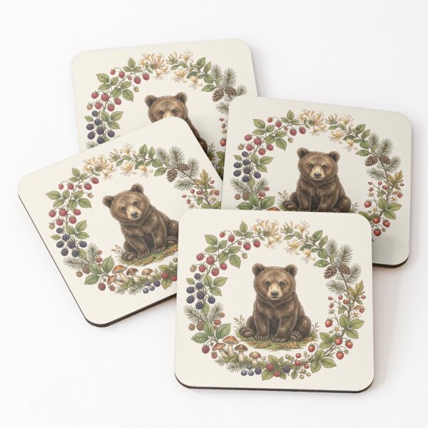 Item preview, Bear Cub Berry Botanical Cottagecore Watercolor Art designed and sold by CalmCapy Co.