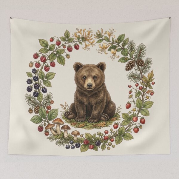 Item preview, Bear Cub Berry Botanical Cottagecore Watercolor Art designed and sold by CalmCapy Co.