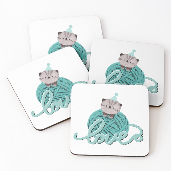 Item preview, Cute Gray Kitten with Mint Yarn Ball Love Typography⁠ designed and sold by moonjar-art.