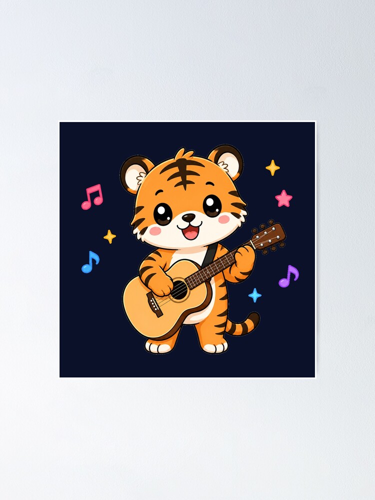 Imagen 1 de 3, Póster con la obra Cute Tiger Playing Acoustic Guitar Cartoon Music, diseñada y vendida por Seculinator.
