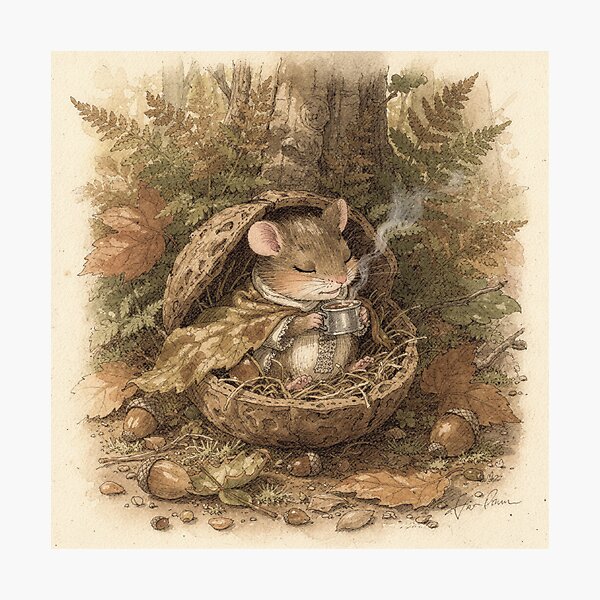 Item preview, Dormouse Folk Sipping Cocoa in a Walnut-Shell Bed Storybook Art designed and sold by PictorialWhimsy.