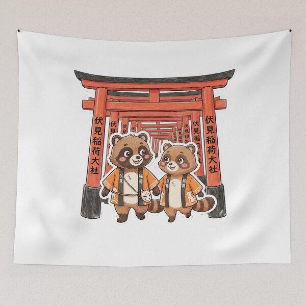 Item preview, Cute Tanuki at Kyoto Fushimi Inari - Matching Happi Coat Japanese Raccoon Travel Art designed and sold by TaiwanMemory.