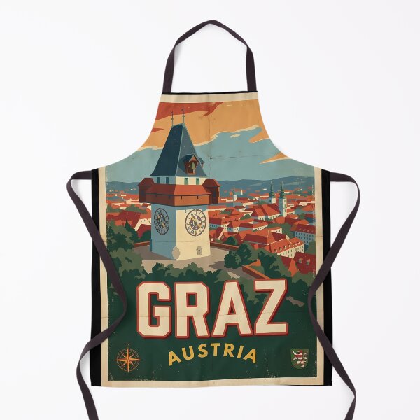 Item preview, Graz Austria Retro Travel Poster with Clock Tower City View designed and sold by Ar0undTheW0rld.