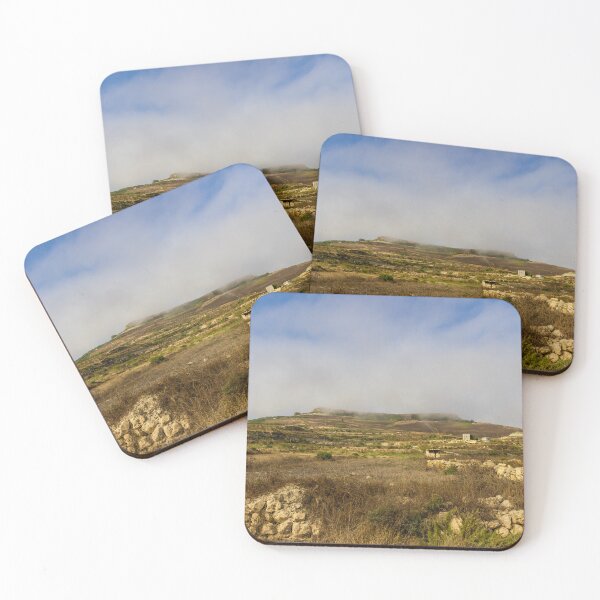 Item preview, Rural Landscape With Stone Walls and Rolling Hill Under Morning Fog and Blue Sky designed and sold by Nmallia.