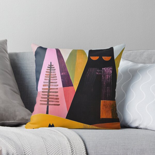 Item preview, Giant Black Cat Art Print | Mountain Landscape Painting | Pink and Yellow Geometric Wall Art designed and sold by ThingsCatsDo.