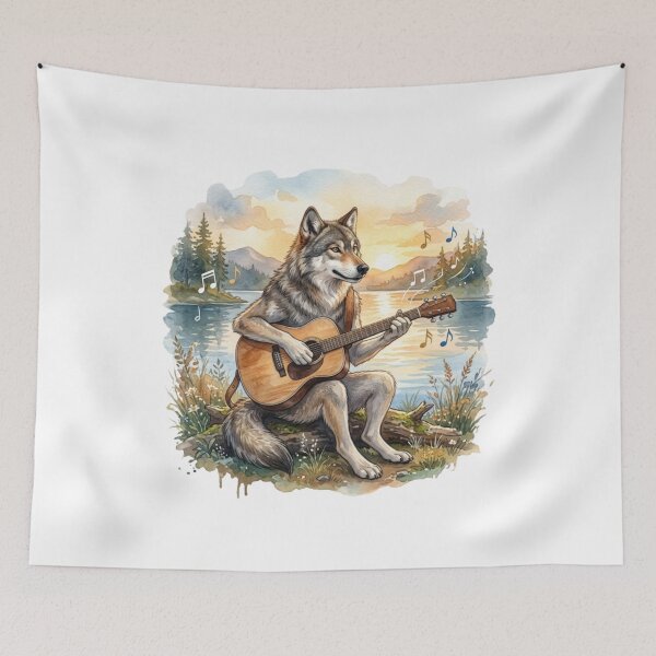 Item preview,  Wolf Playing Guitar Sunset Lake Musician designed and sold by NatureHarmony16.