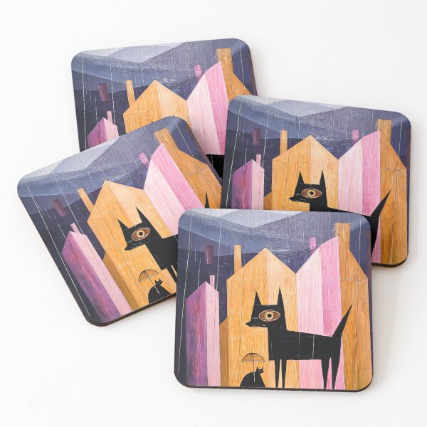 Item preview, Dog and Cat in the Rain Art Print | Colorful House Painting | Pink and Black Wall Art designed and sold by ThingsCatsDo.