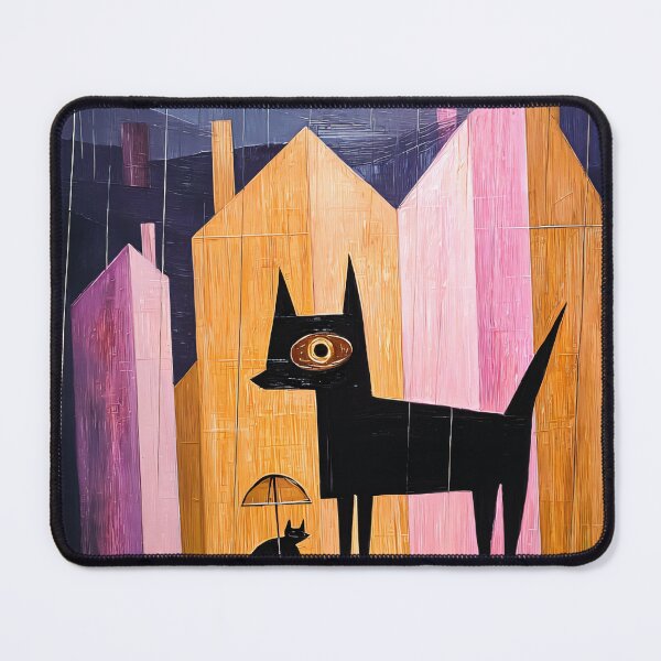 Item preview, Dog and Cat in the Rain Art Print | Colorful House Painting | Pink and Black Wall Art designed and sold by ThingsCatsDo.