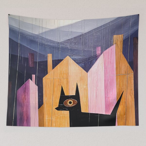Item preview, Dog and Cat in the Rain Art Print | Colorful House Painting | Pink and Black Wall Art designed and sold by ThingsCatsDo.