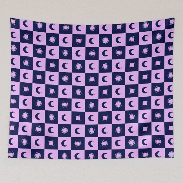Item preview, Celestial Checkerboard Pattern - Navy and Lavender Sun Moon Art designed and sold by UniqueDesign751.