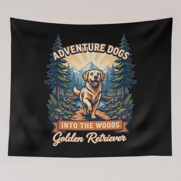 Item preview, Adventure Dogs – Into the Woods | Golden Retriever Hiking Vintage Outdoor designed and sold by No Excuses Supply.