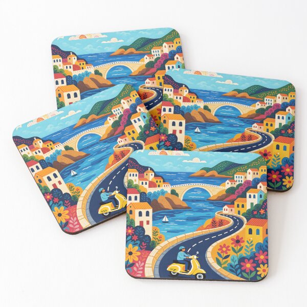 Item preview, A vibrant tapestry of a scooter Mediterranean coastal road trip designed and sold by Ponted.