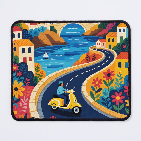 Item preview, A vibrant tapestry of a scooter Mediterranean coastal road trip designed and sold by Ponted.