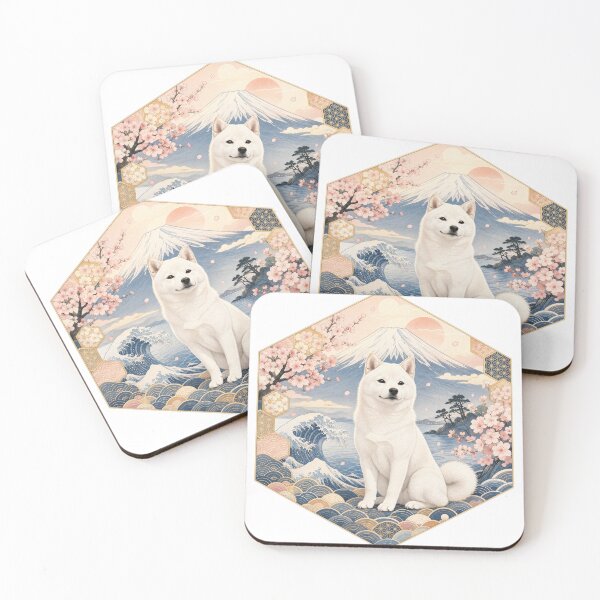 Item preview, White Shiba and Black Shiba in a Hexagon with Mount Fuji   designed and sold by Shiba-Goyomi.