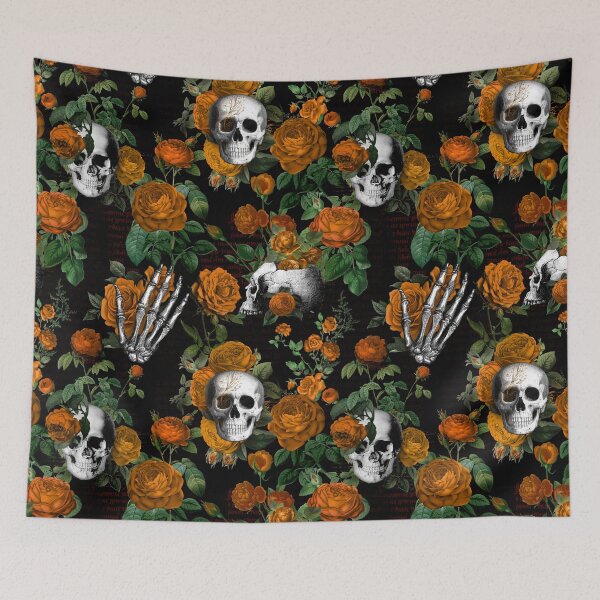 Item preview, Floral Skull with Orange Roses Dark Gothic Aesthetic Pattern  designed and sold by CanisArtStudio.